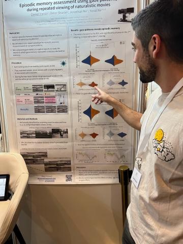 Daniel Yamin pointing at gaze-anticipation figures on the poster 'Episodic memory assessment using gaze patterns during repeated viewing of naturalistic movies'